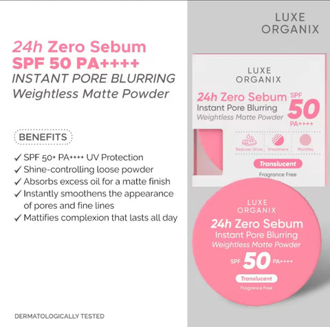 Luxe Organix - 24H Zero Sebum Instant Pore Blurring Weightless Matte Powder - Spf 50 Pa++++