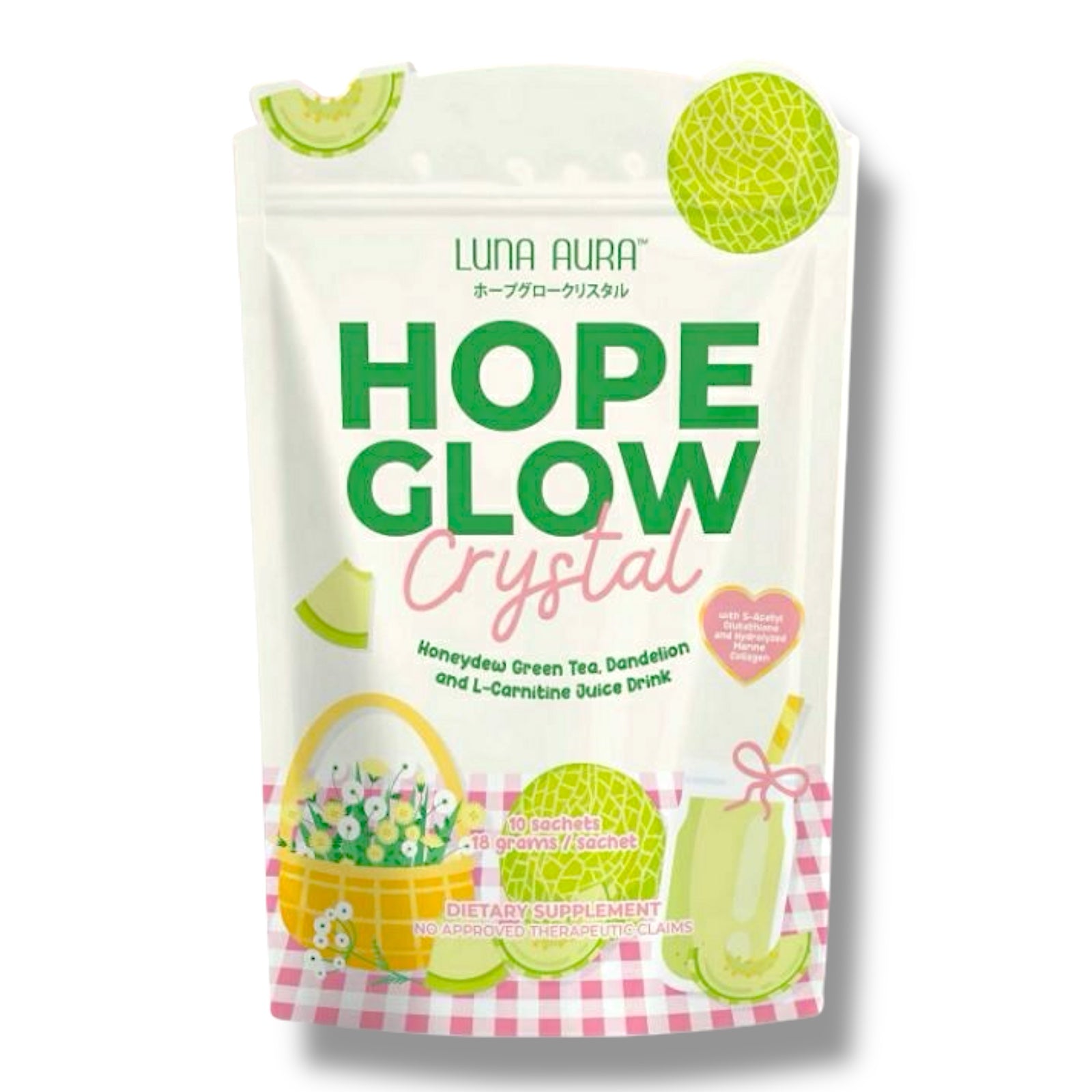 Luna Aura - Hope Glow Crystal - “HONEYDEW” Green Tea, Dandelion & L-Carnitin Juice Drink 10 x18g