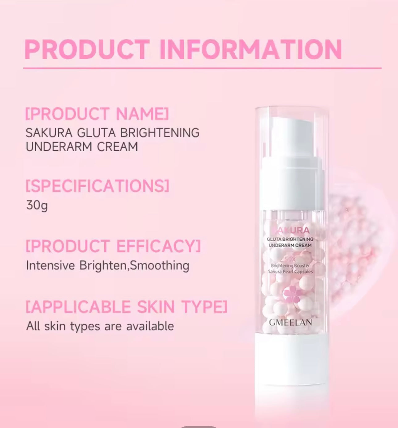 GMEELAN - Sakura GLUta Whitening Underarm Cream - 50X Brightening Booster Sakura Pearl Capsules 30g
