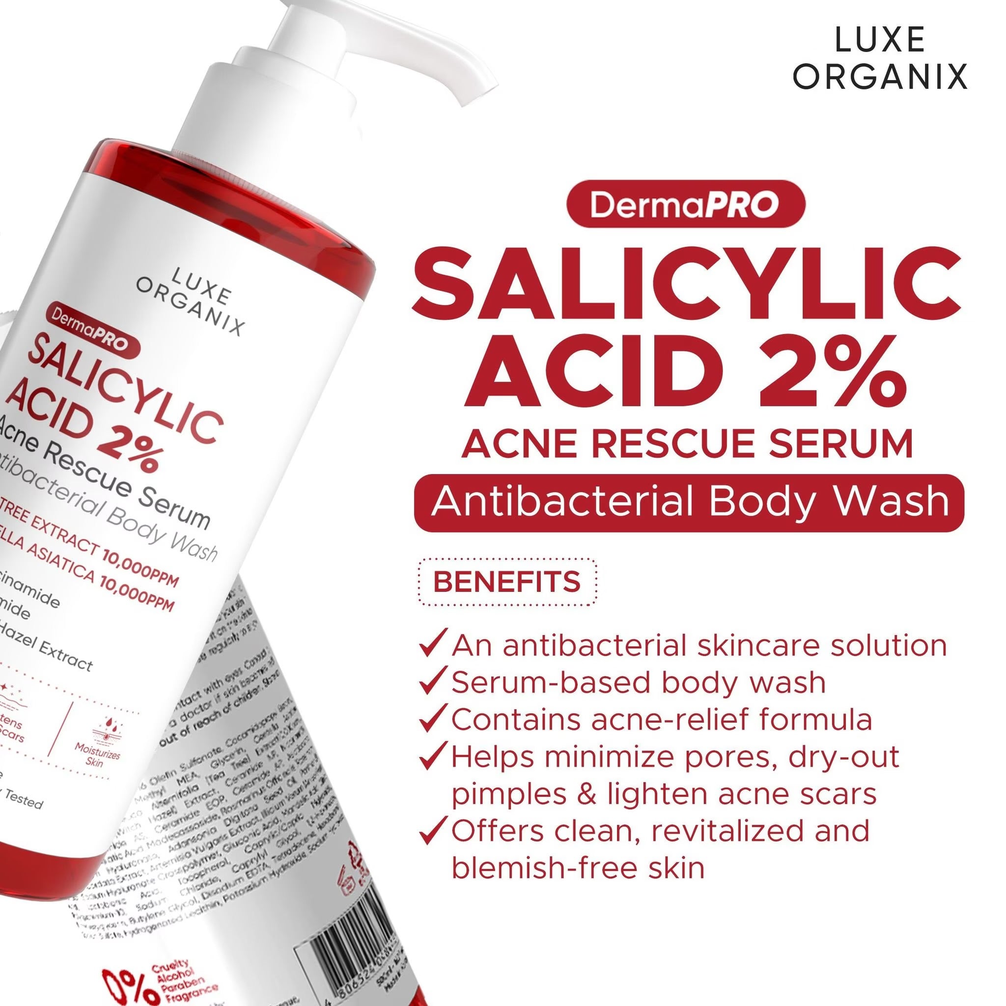 Luxe Organix - Salicylic Acid 2% Acne Rescue Serum Antibacterial Body Wash 500ml