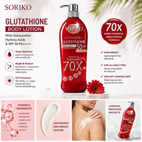 Soriko - Glutathione Healthy Bright Hydroxy Acids 50 SPF PA++++ Astaxanthin 70x - 500ml