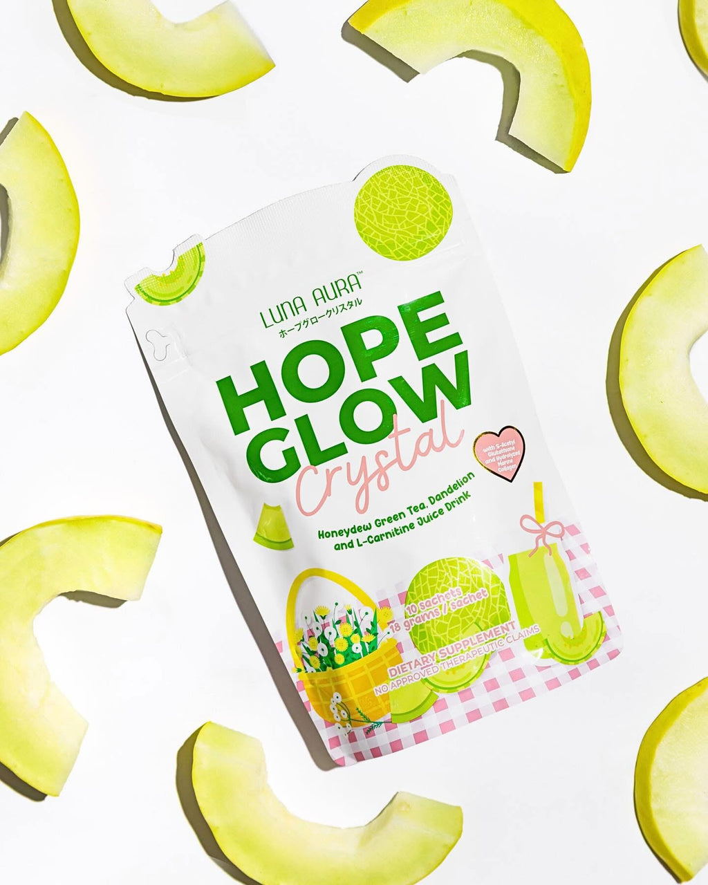 Luna Aura - Hope Glow Crystal - “HONEYDEW” Green Tea, Dandelion & L-Carnitin Juice Drink 10 x18g