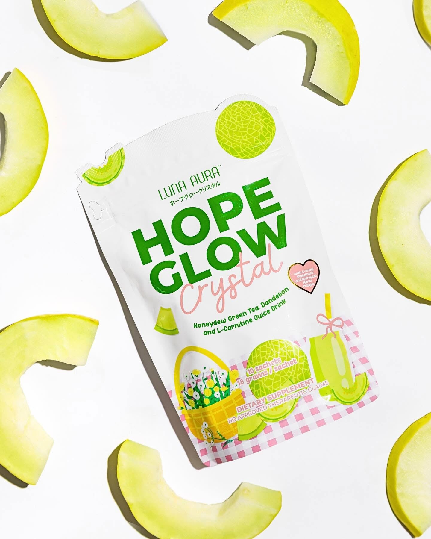 Luna Aura - Hope Glow Crystal - “HONEYDEW” Green Tea, Dandelion & L-Carnitin Juice Drink 10 x18g