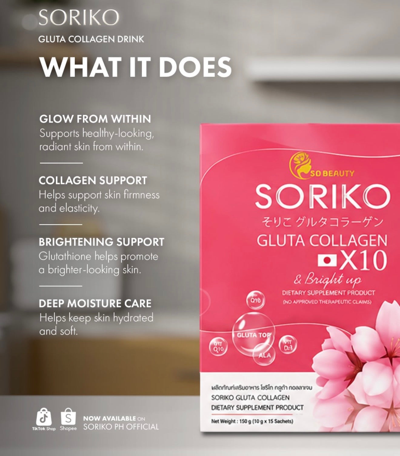 SORIKO - Gluta Collagen X10 & Bright Up Dietary Supplements – 15 Sachets x 10g