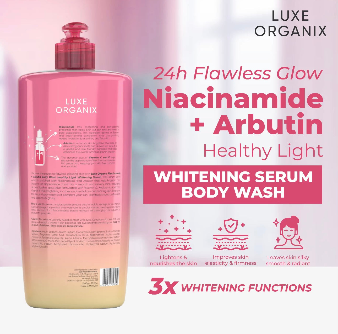 Luxe Organix - Niacinamide + Arbutin Healthy Light Whitening Serum Perfume Infused Body Wash 1000g - ( PINK )