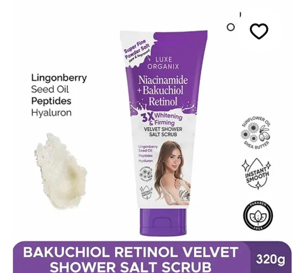 Luxe Organix Niacinamide + Bakuchiol Retinol “3X WHITENING & FIRMING” Velvet Shower Salt Scrub 320g ( purple tube )