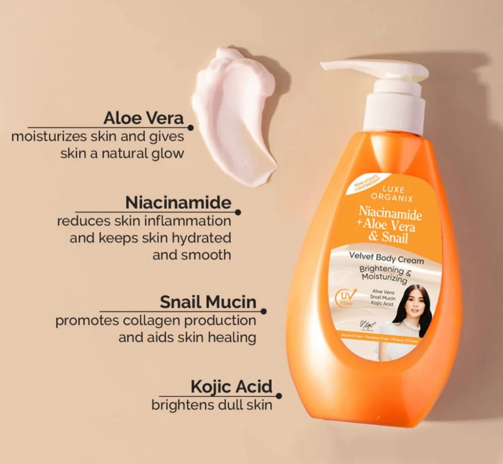 Luxe Orgnix - Niacinamide + Aloe Vera And Snail Velvet Body Cream - BRIGHTENING & MOISTURIZING 400 ml ( orange )