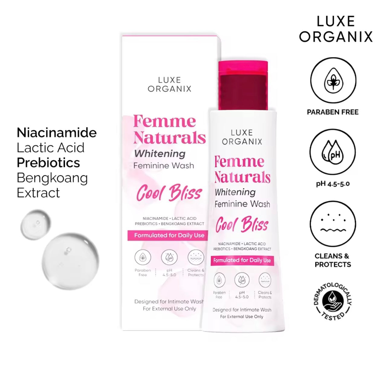 Luxe Organix - Femme Naturals Whitening Feminine Wash - “COOL BLISS” 120 ml ( pink )