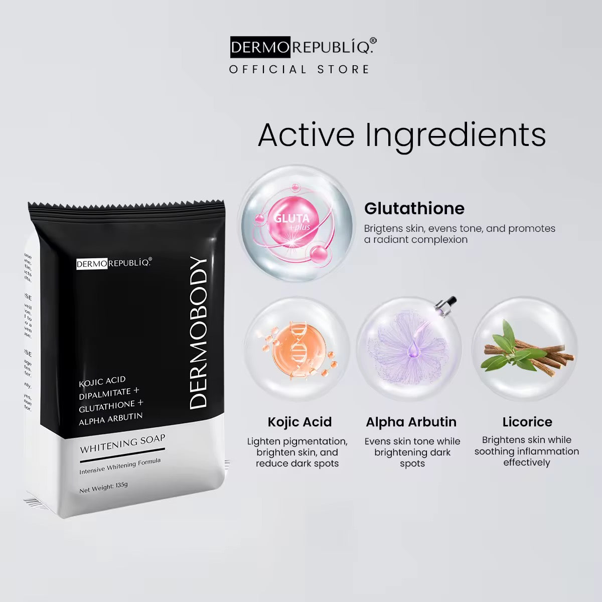 Dermo Republiq Dermobody -  Kojic Acid + Dipalmitate + Glutathione + Alpha Arbutin Whitening Soap 135g