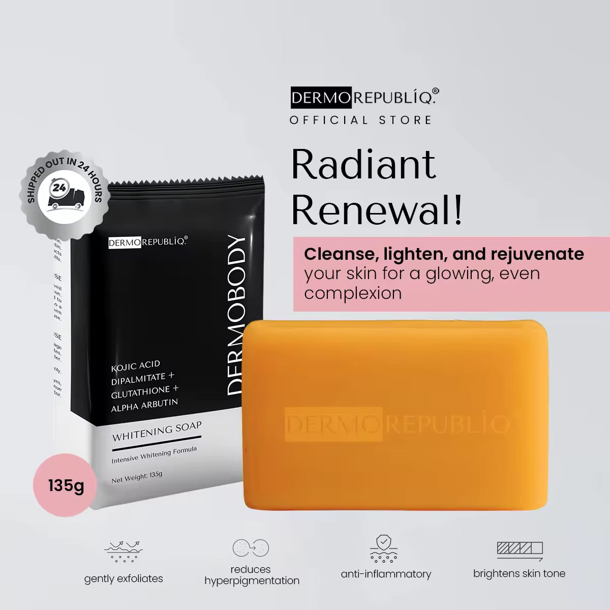 Dermo Republiq Dermobody -  Kojic Acid + Dipalmitate + Glutathione + Alpha Arbutin Whitening Soap 135g