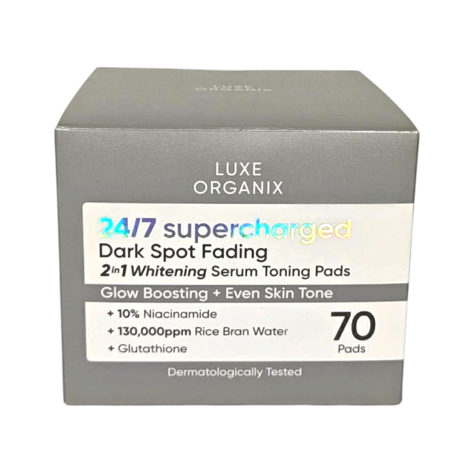 Luxe Organix - 24/7 Supercharged Dark Spot Fading 2 in 1 Whitening Serum Toning Pads - “GLOW BOOSTING + EVEN SKIN TONE” - 70 pads ( Gray )