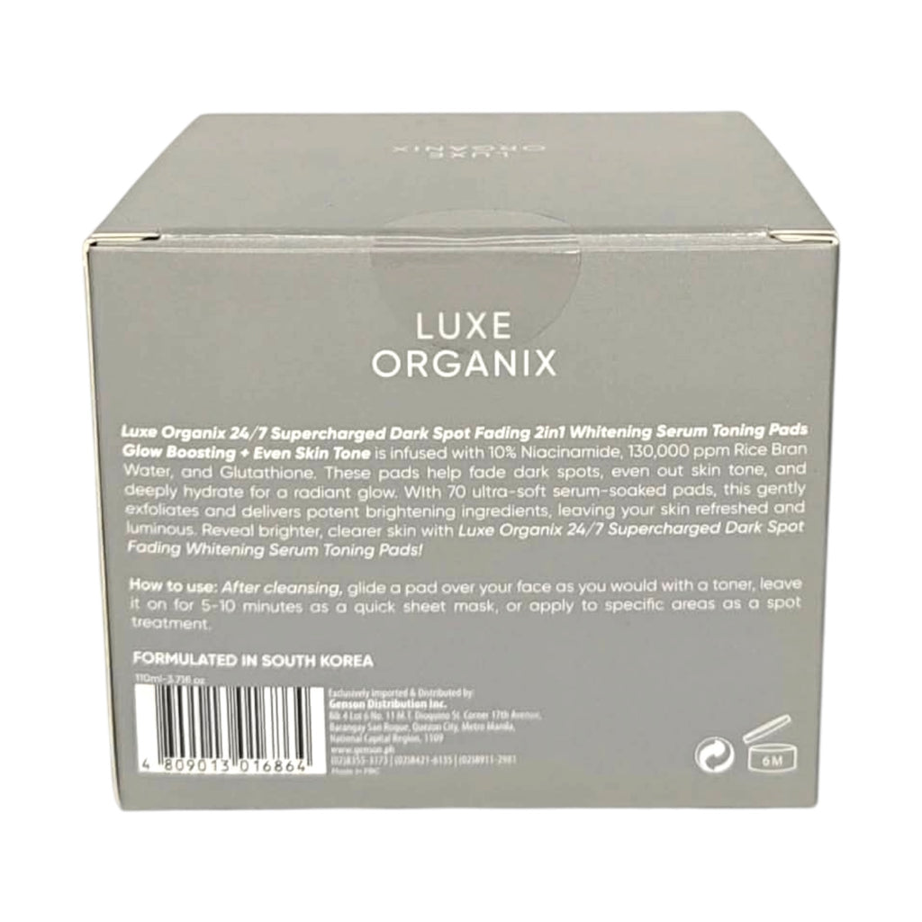 Luxe Organix - 24/7 Supercharged Dark Spot Fading 2 in 1 Whitening Serum Toning Pads - “GLOW BOOSTING + EVEN SKIN TONE” - 70 pads ( Gray )