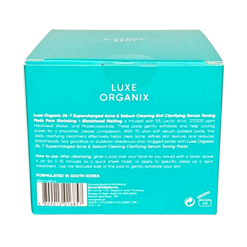 Luxe Organix - 24/7 Supercharged Acne & Sebum Clearing 2in1 Clarifying Serum Toning Pads “ PORE SHRINKING + BLACKHEADS MELTING - 70pads ( Green )