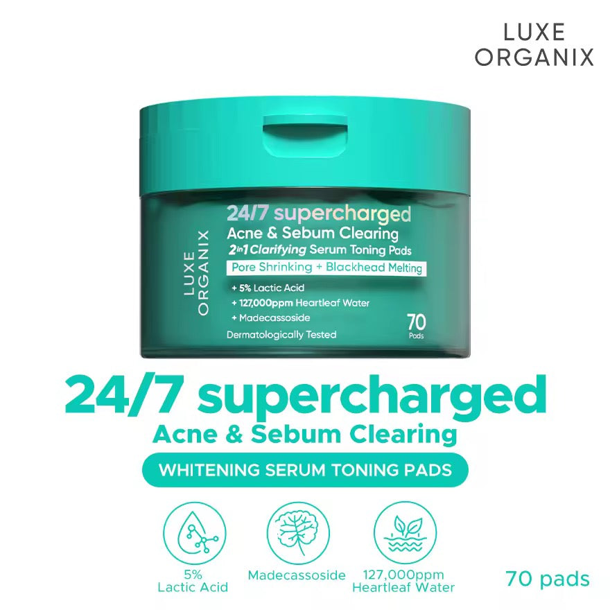 Luxe Organix - 24/7 Supercharged Acne & Sebum Clearing 2in1 Clarifying Serum Toning Pads “ PORE SHRINKING + BLACKHEADS MELTING - 70pads ( Green )