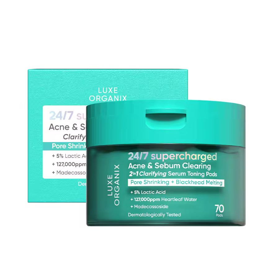 Luxe Organix - 24/7 Supercharged Acne & Sebum Clearing 2in1 Clarifying Serum Toning Pads “ PORE SHRINKING + BLACKHEADS MELTING - 70pads ( Green )
