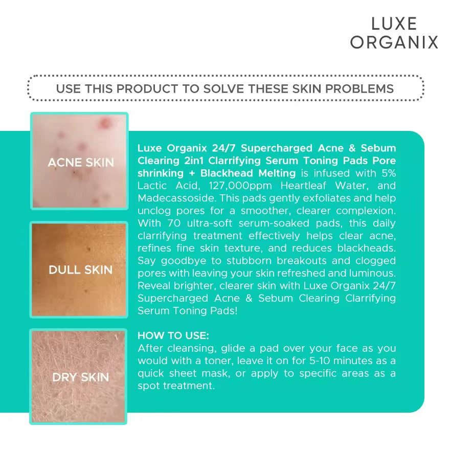 Luxe Organix - 24/7 Supercharged Acne & Sebum Clearing 2in1 Clarifying Serum Toning Pads “ PORE SHRINKING + BLACKHEADS MELTING - 70pads ( Green )