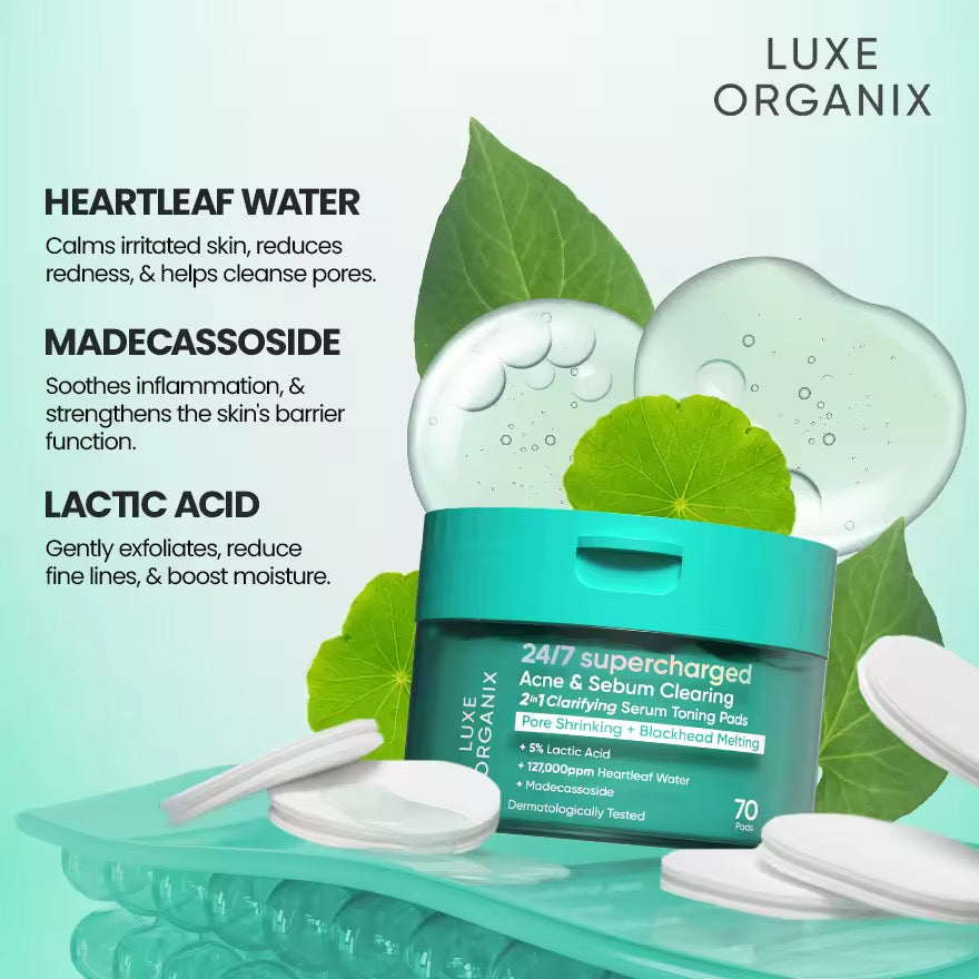 Luxe Organix - 24/7 Supercharged Acne & Sebum Clearing 2in1 Clarifying Serum Toning Pads “ PORE SHRINKING + BLACKHEADS MELTING - 70pads ( Green )