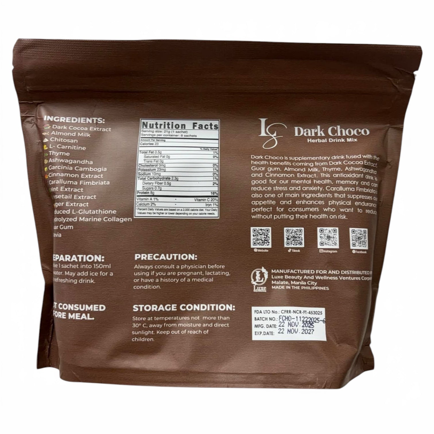 Luxe Slim - Dark Choco - Chocolate Drink 21g x 8