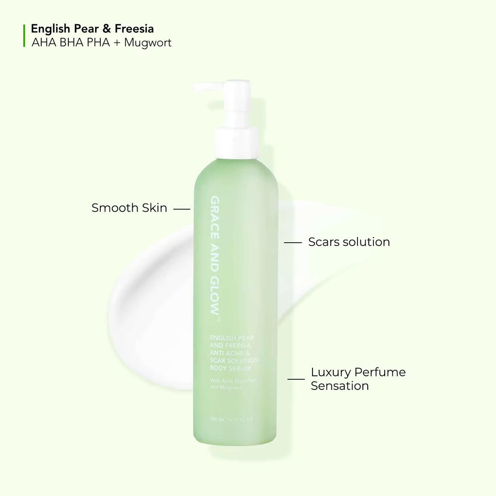 Grace and Glow - English Pear and Freesia - “ANTI ACNE & SCAR SOLUTION” Body Serum 300 ml  ( Green )