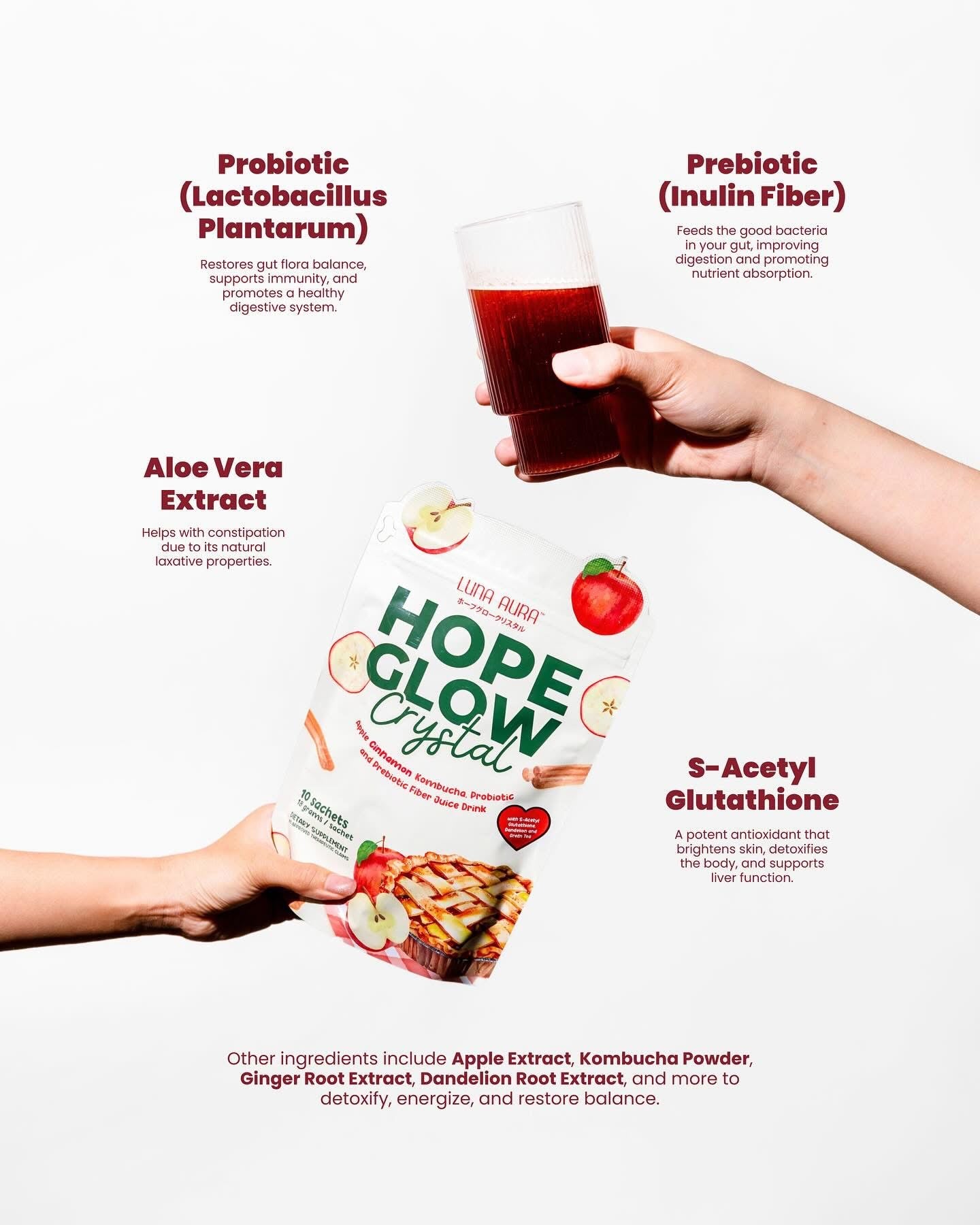 Luna Aura - Hope Glow Crystal - “APPLE CINNAMON” Fiber Juice Drink 10 x 18g