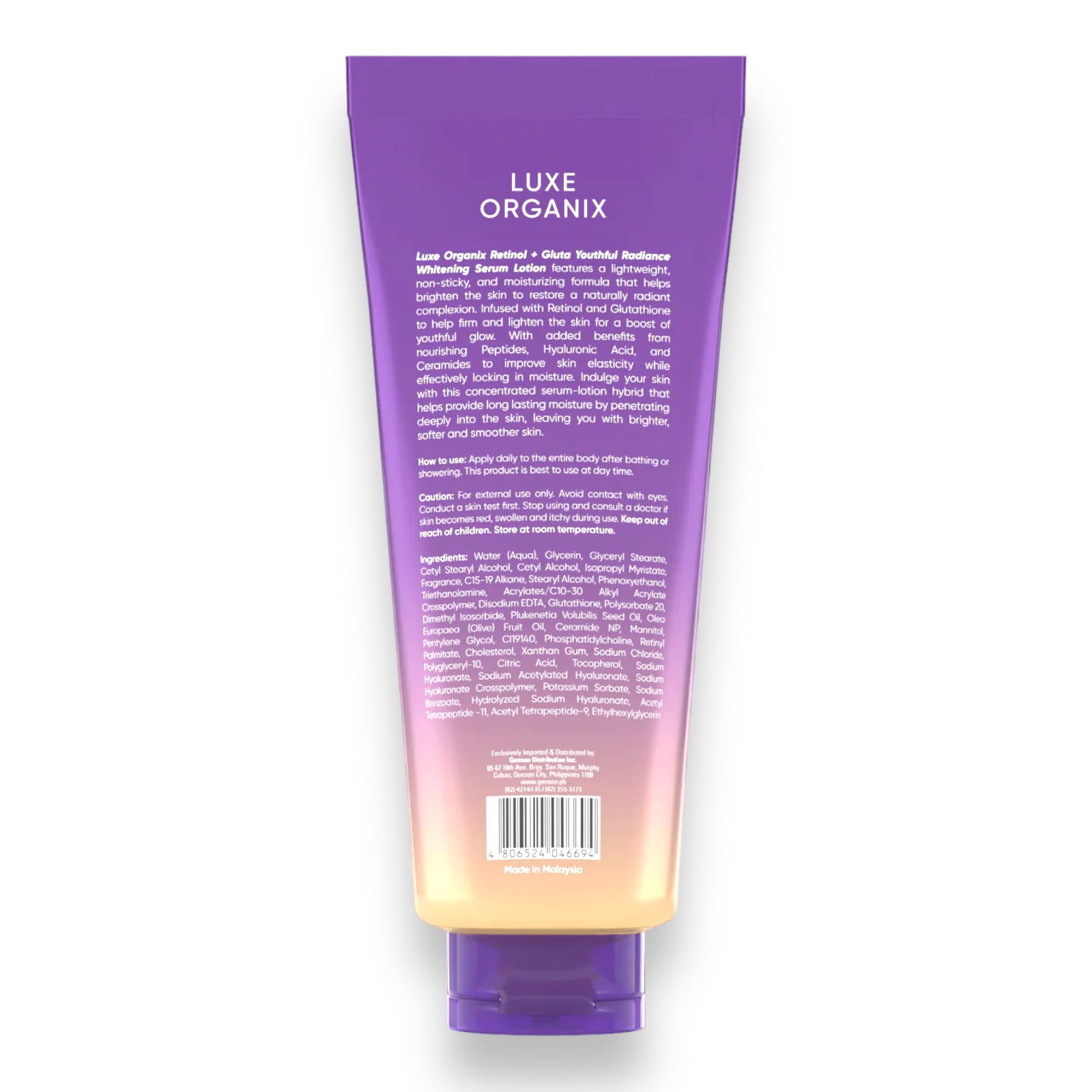 luxe organix glutathione PRODUCT DESCRIPTION: Retinol + Gluta Youthful Radiance Whitening Serum Lotion features a lightweight, non-sticky, and moisturizing formula that helps brighten the skin to restore a naturally radiant complexion. Infused with and moisturizing formula that gently brightens your skin for a naturally radiant complexion Luxe Organix Retinol + Gluta
