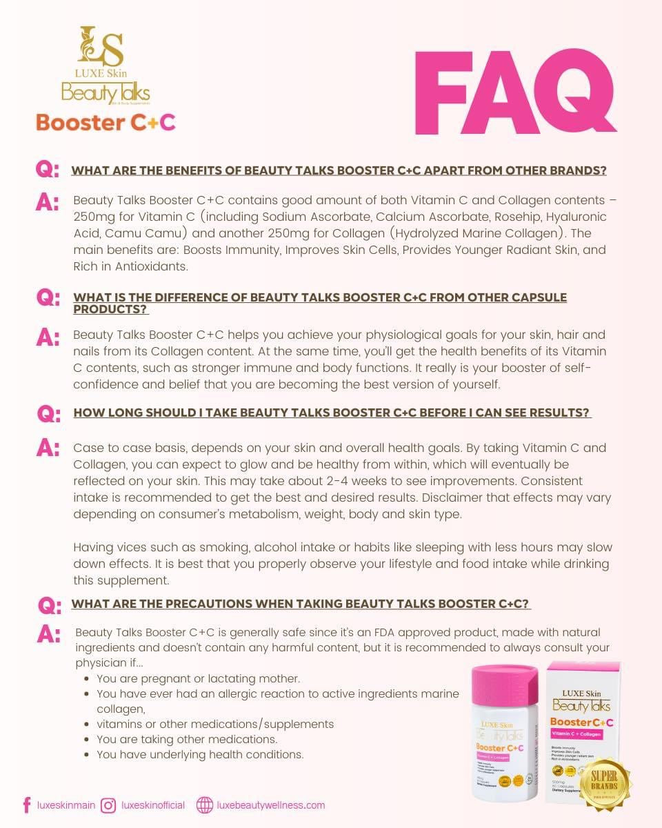 Luxe Skin - Beauty Talks - BOOSTER C+C | Vitamin C - Collagen 60 capsule ( pink cap ) ( expiry January 2026)