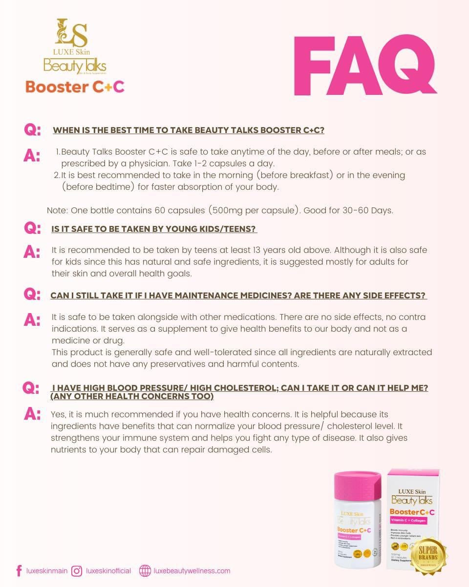 Luxe Skin - Beauty Talks - BOOSTER C+C | Vitamin C - Collagen 60 capsule ( pink cap ) ( expiry January 2026)
