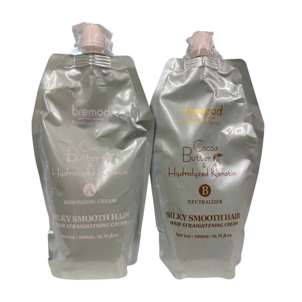 Bremod Premium Series Cocoa Butter & Hydrolyzed Keratin Silky Smooth Hair - Hair Straightening Cream (500ml  A & B )