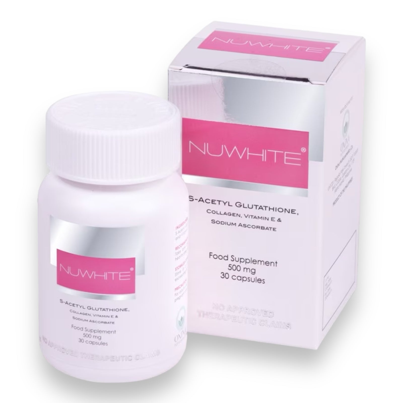 NUWHITE - S-Acetyl Glutathione with Marine Collagen Sodium Ascorbate and Vitamin E Food Supplement 30 Capsules