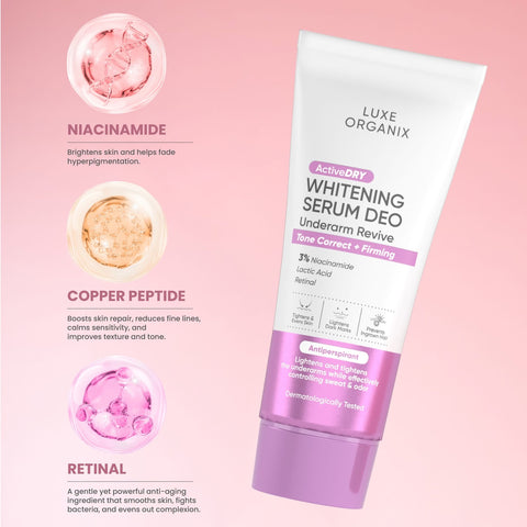 Luxe Organix Active Dry Whitening Serum Deo Underarm Rescue 3% Tone Correct + Firming (Purple)