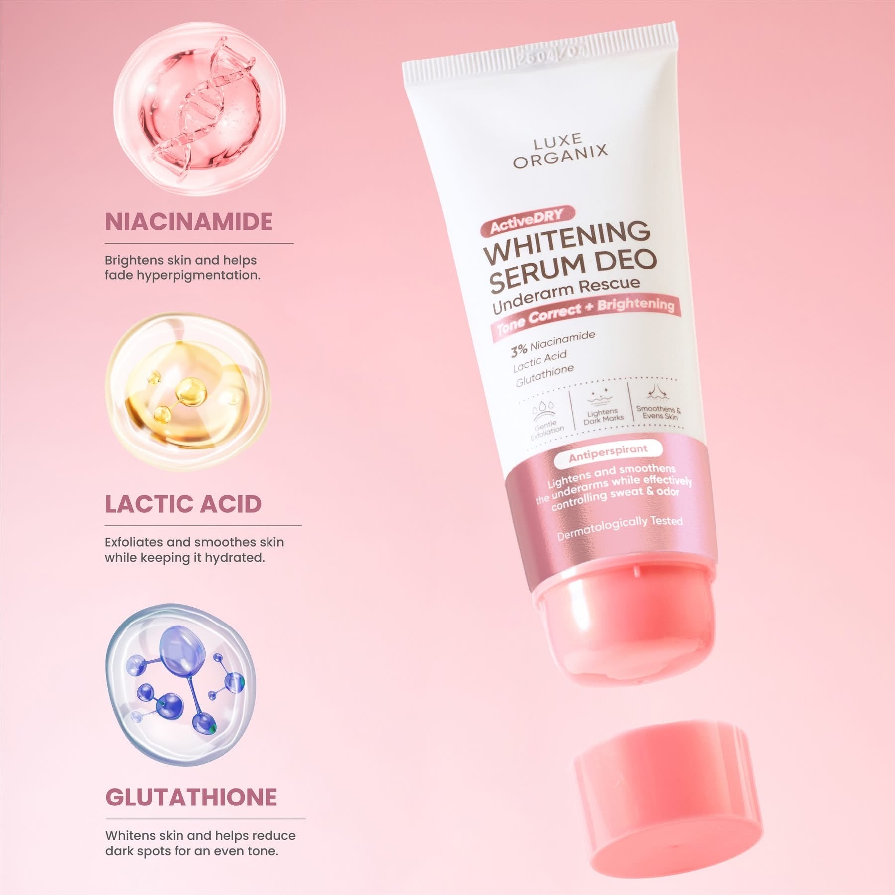 Luxe Organix Active Dry Whitening Serum Deo Underarm Rescue 3% Tone Correct + Brightening (Pink)