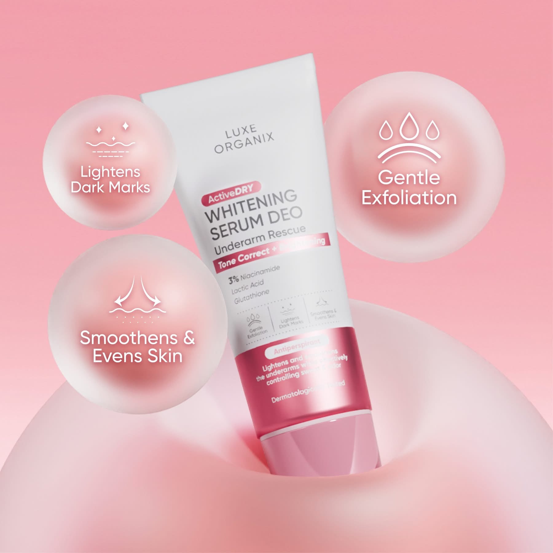 Luxe Organix Active Dry Whitening Serum Deo Underarm Rescue 3% Tone Correct + Brightening (Pink)