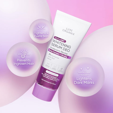 Luxe Organix Active Dry Whitening Serum Deo Underarm Rescue 3% Tone Correct + Firming (Purple)