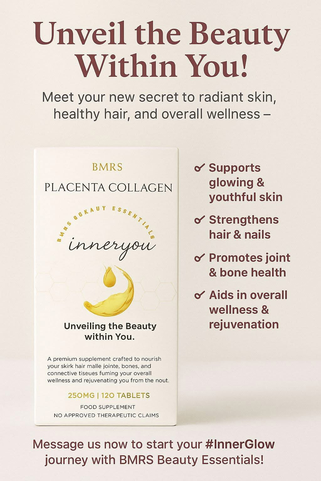 BMRS Beauty Essentials - PLACENTA COLLAGEN INNERYOU Tablets 250mg ( 120 tablets )