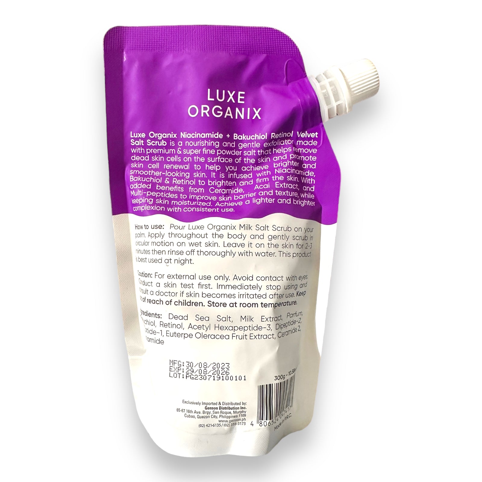 LUXE ORGANIX Niacinamide + Bakuchiol Retinol Velvet Salt Scrub 300g ( purple pouch )