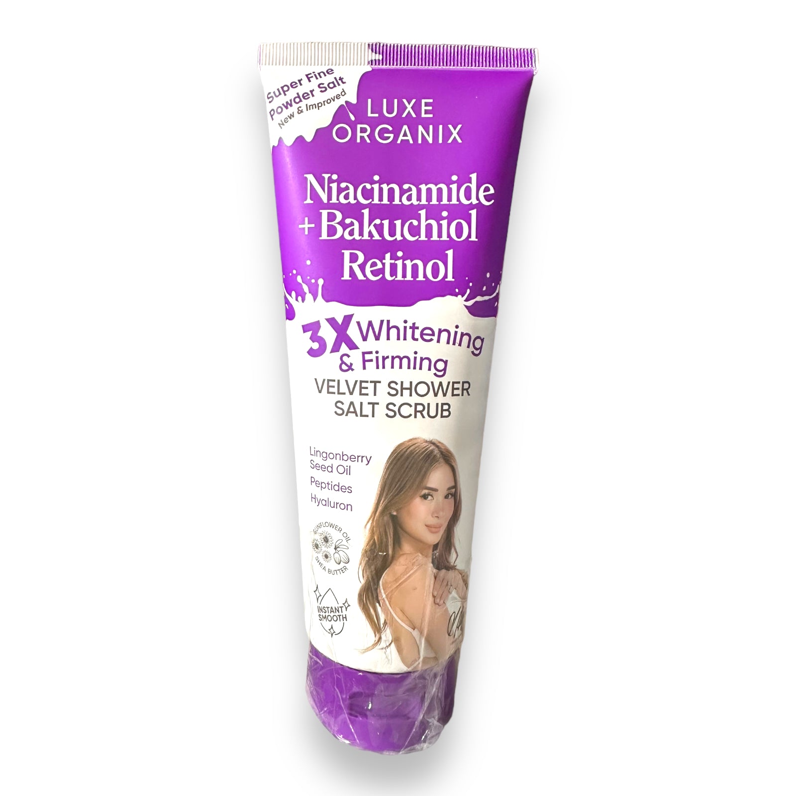 Luxe Organix Niacinamide + Bakuchiol Retinol Velvet Shower Salt Scrub 320g ( purple )