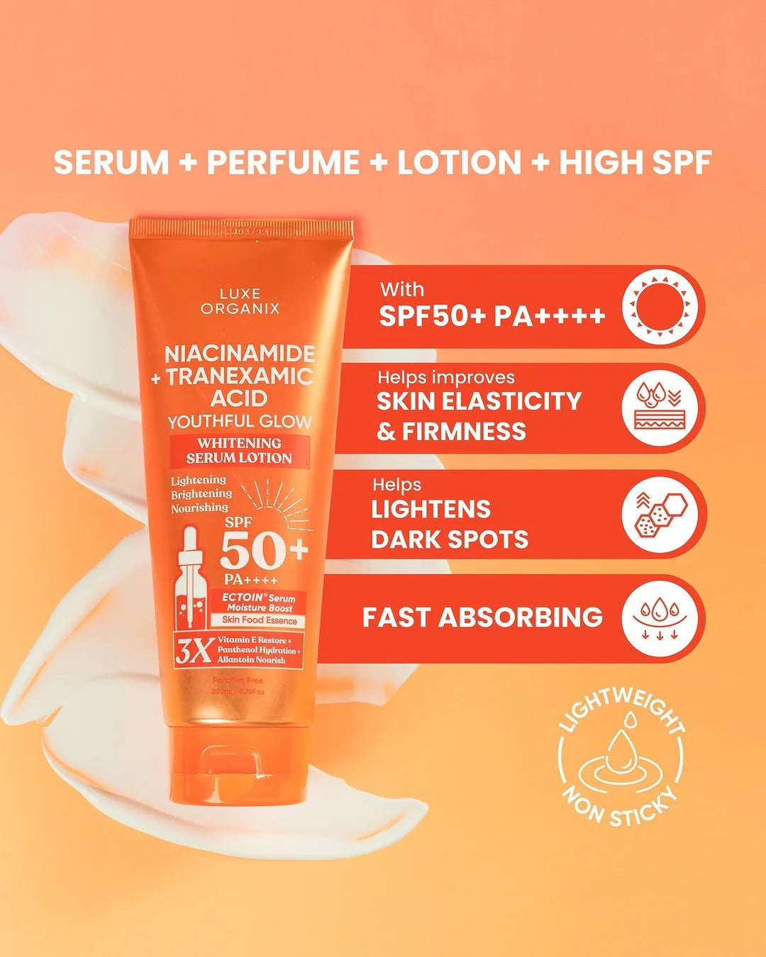 Luxe Organix - Niacinamide + “ TRANEXAMIC ACID “ Youthful Glow Whitening Serum Lotion SPF50 PA++++ 200ml - ( ORANGE )