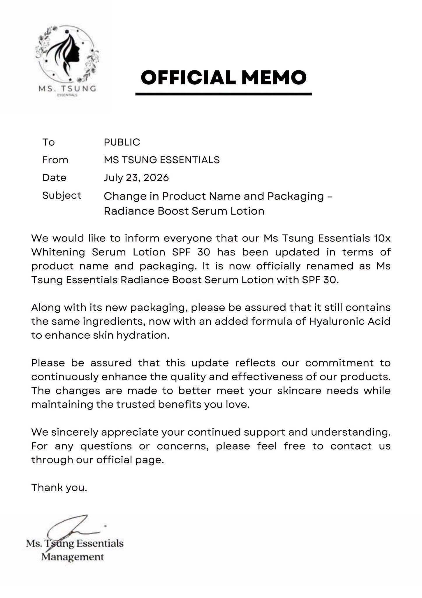 Ms. Tsung Essentials - Radiant Boost Serum Lotion SPF 30 - 250ml