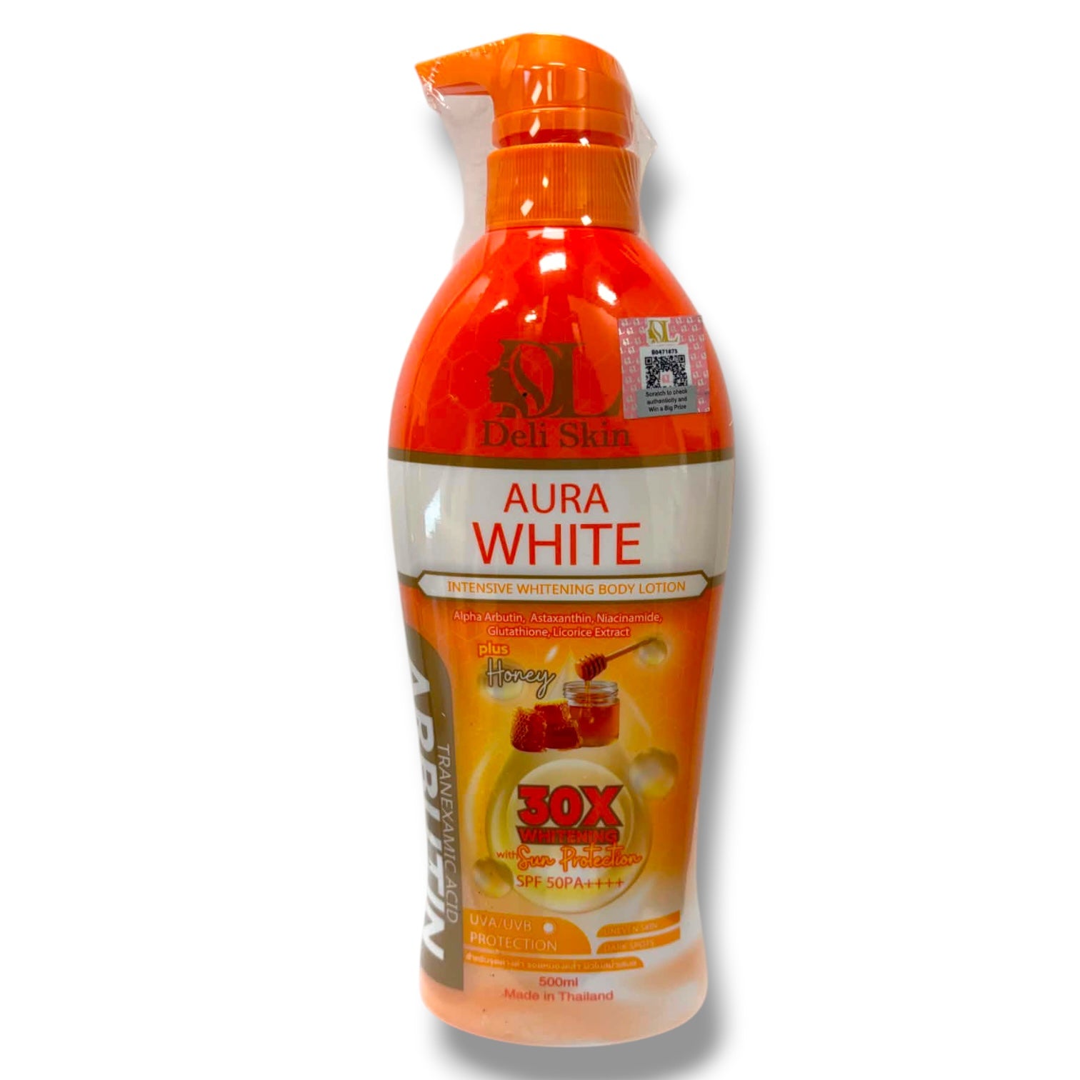Deli Skin - Aura White Intensive Whitening Body Lotion 30X Whitening with Sun Protection SPF 50PA++++ 500 ml ( orange )