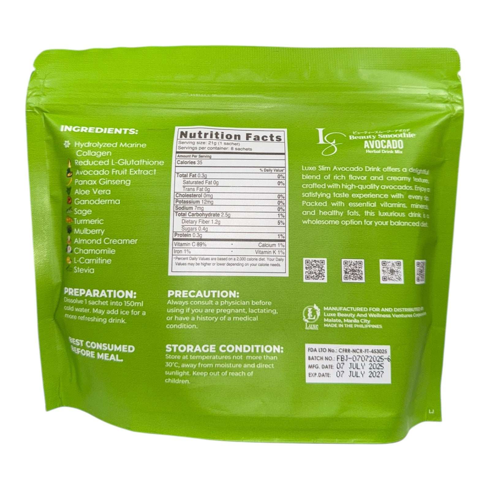 Luxe Skin - Beauty Smoothie AVOCADO 8 sachet x 21g ( 8 SACHET POUCH )