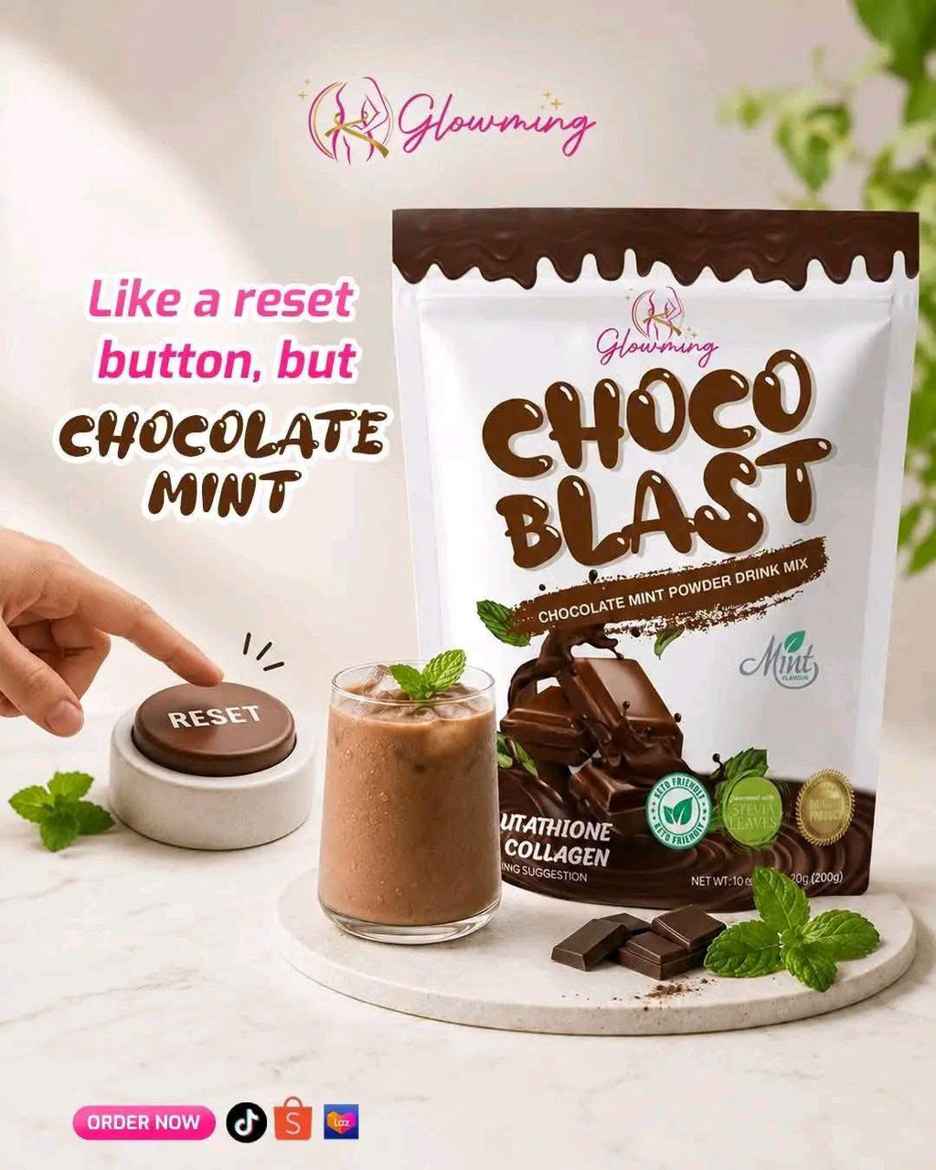 Glowming “CHOCO BLAST” – Chocolate Mint Powder Drink Mix 10x 20g