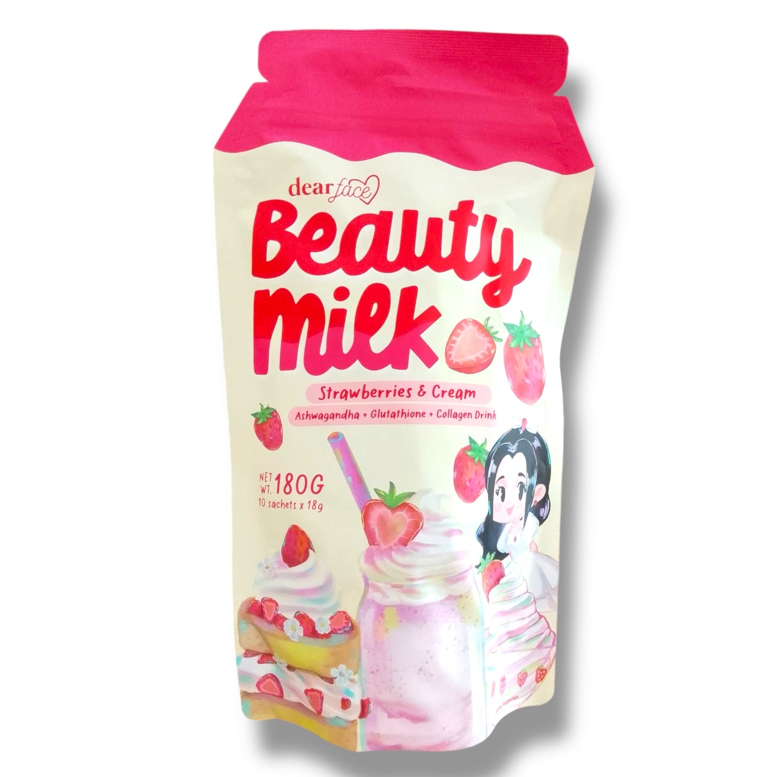 Beauty Milk - STRAWBERRIES & CREAM - Ashwaganda Glutathione Collagen Drink 180g ( Strawberries and Cream )