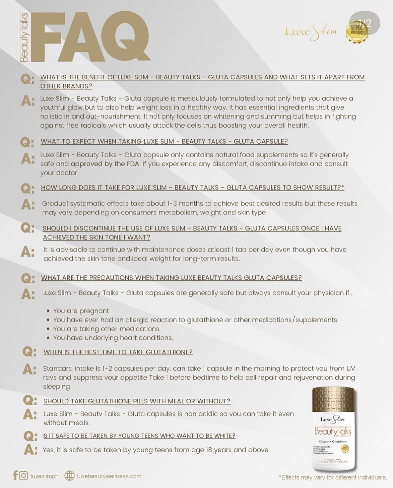 Luxe Skin  - Beauty Talks Skin and Body Supplements - Chitosan Glutathione 60 Capsules