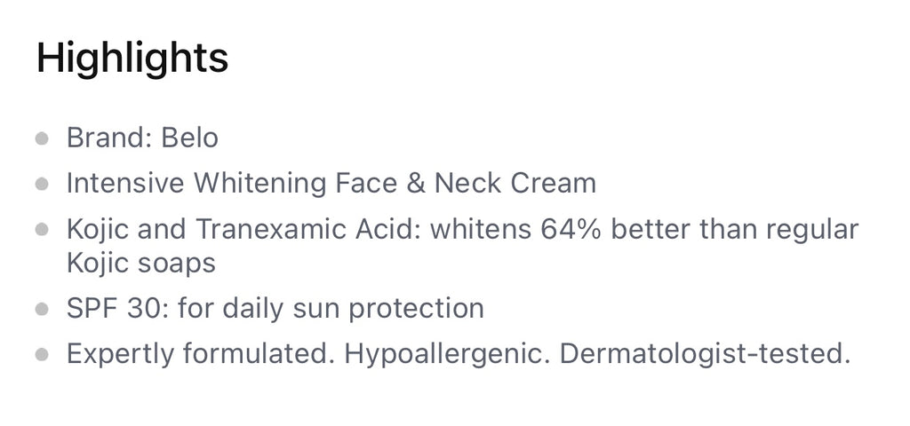 Belo Intensive Whitening Face & Neck Cream - Kojic Acid + Tranexamic Acid SPF30 - 50g - My Care Kits