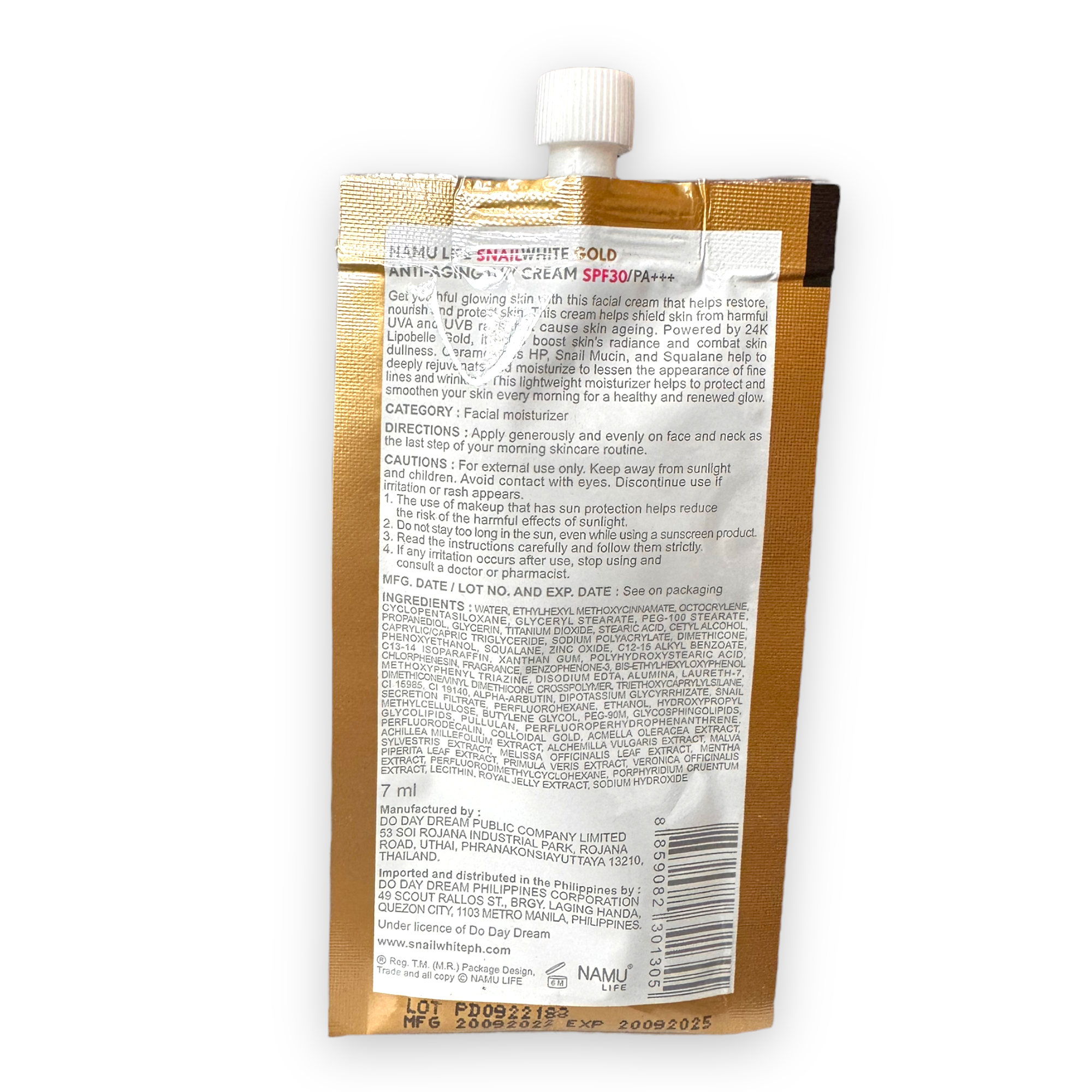 SnailWhite Gold Anti-Aging Day Cream SPF 30 - sachet 7 ml - My Care Kits