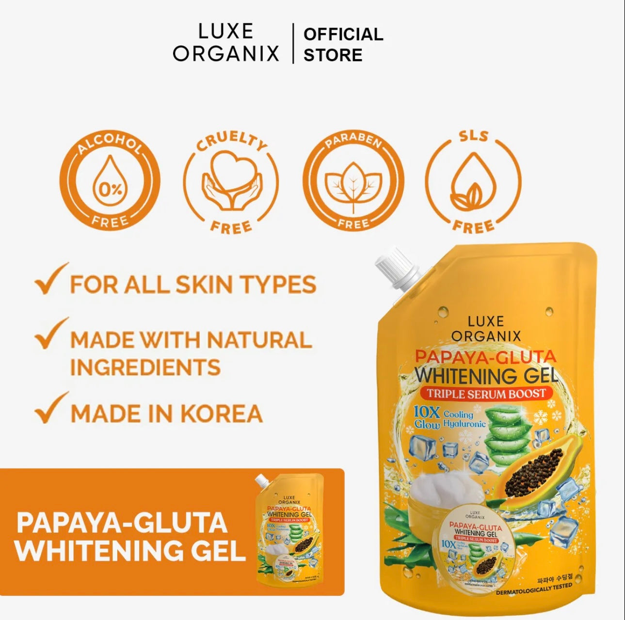 Luxe Organix - Papaya GLUta Whitening Gel - Triple Serum Boost - 10X Glow Cooling Hyaluronic - 200ml - My Care Kits