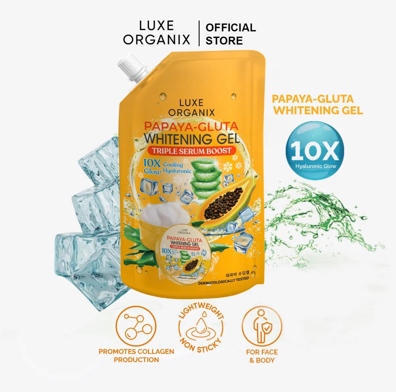 Luxe Organix - Papaya GLUta Whitening Gel - Triple Serum Boost - 10X Glow Cooling Hyaluronic - 200ml - My Care Kits