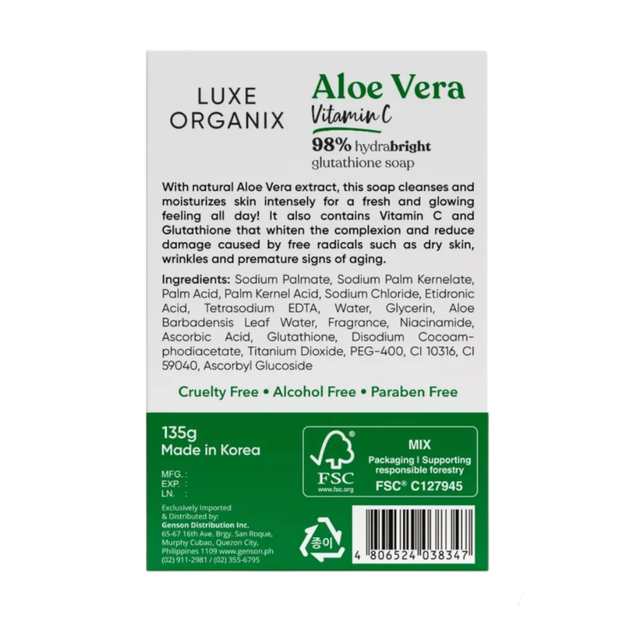 Luxe Organix - Aloe Vera Natural Soap with Vitamin C & Glutathione 135g - My Care Kits