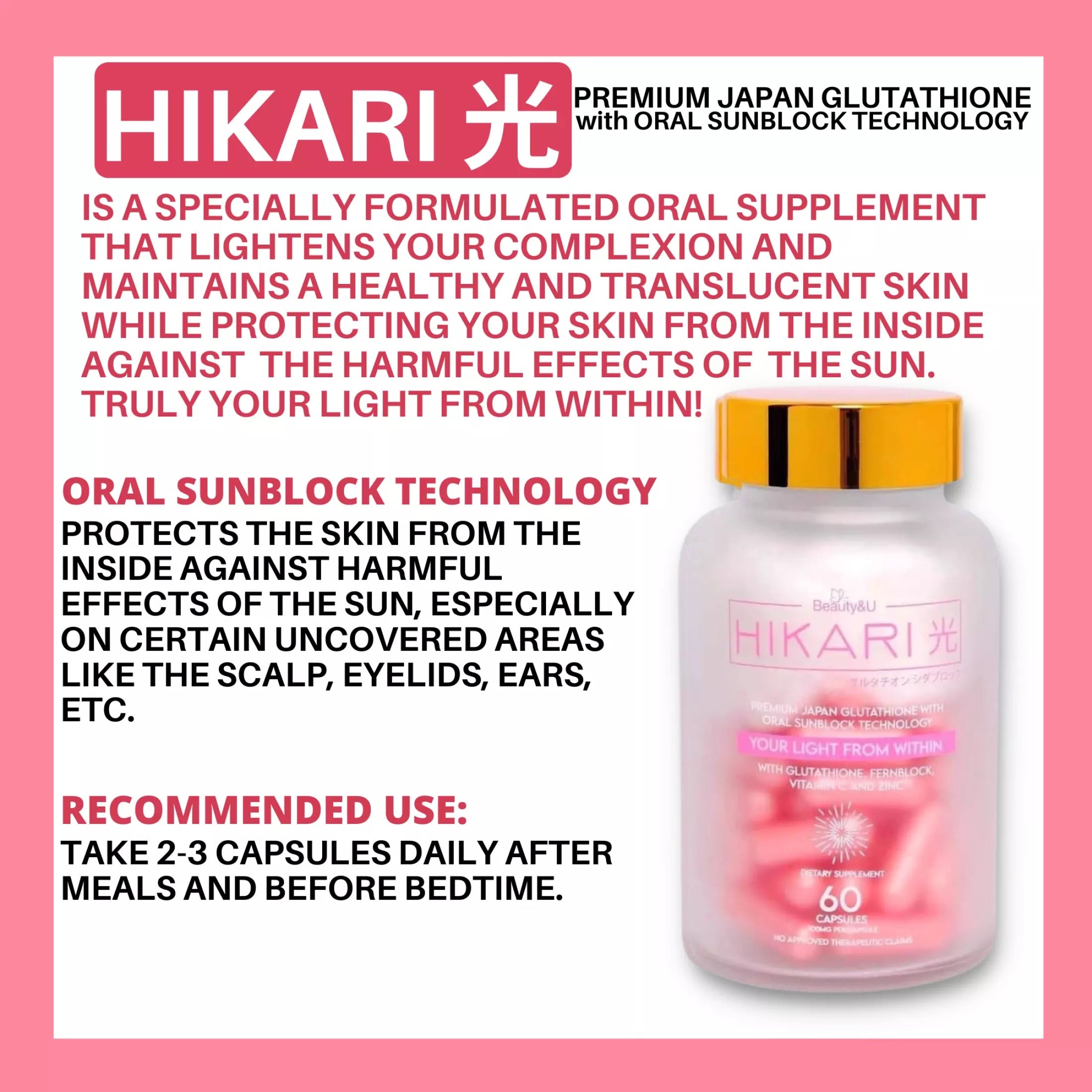 Hikari ULTRA Glutathione Capsule | Premium Japan Glutathione with Oral Sunblock Technology - 60 caps - My Care Kits