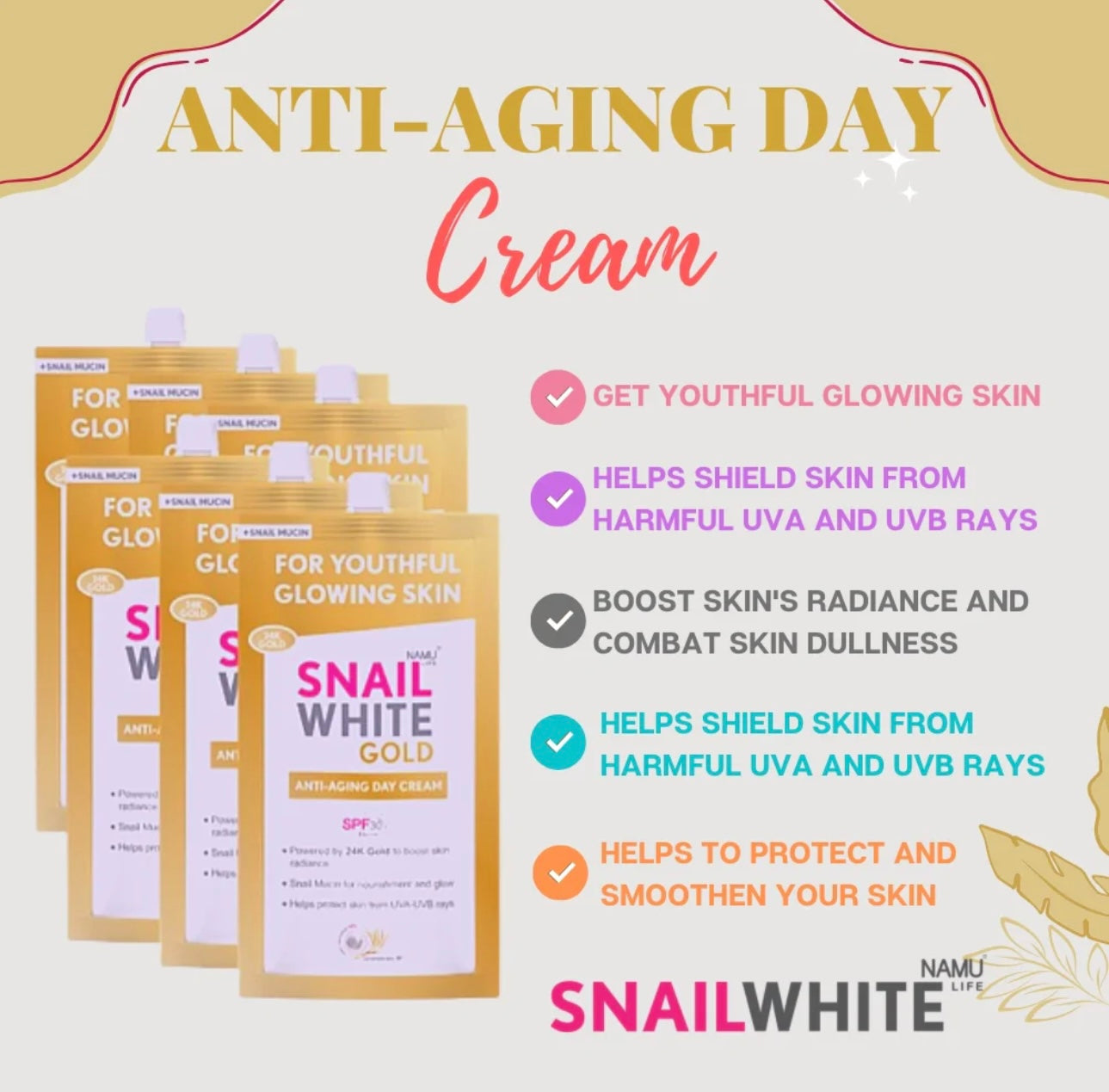 SnailWhite Gold Anti-Aging Day Cream SPF 30 - sachet 7 ml - My Care Kits